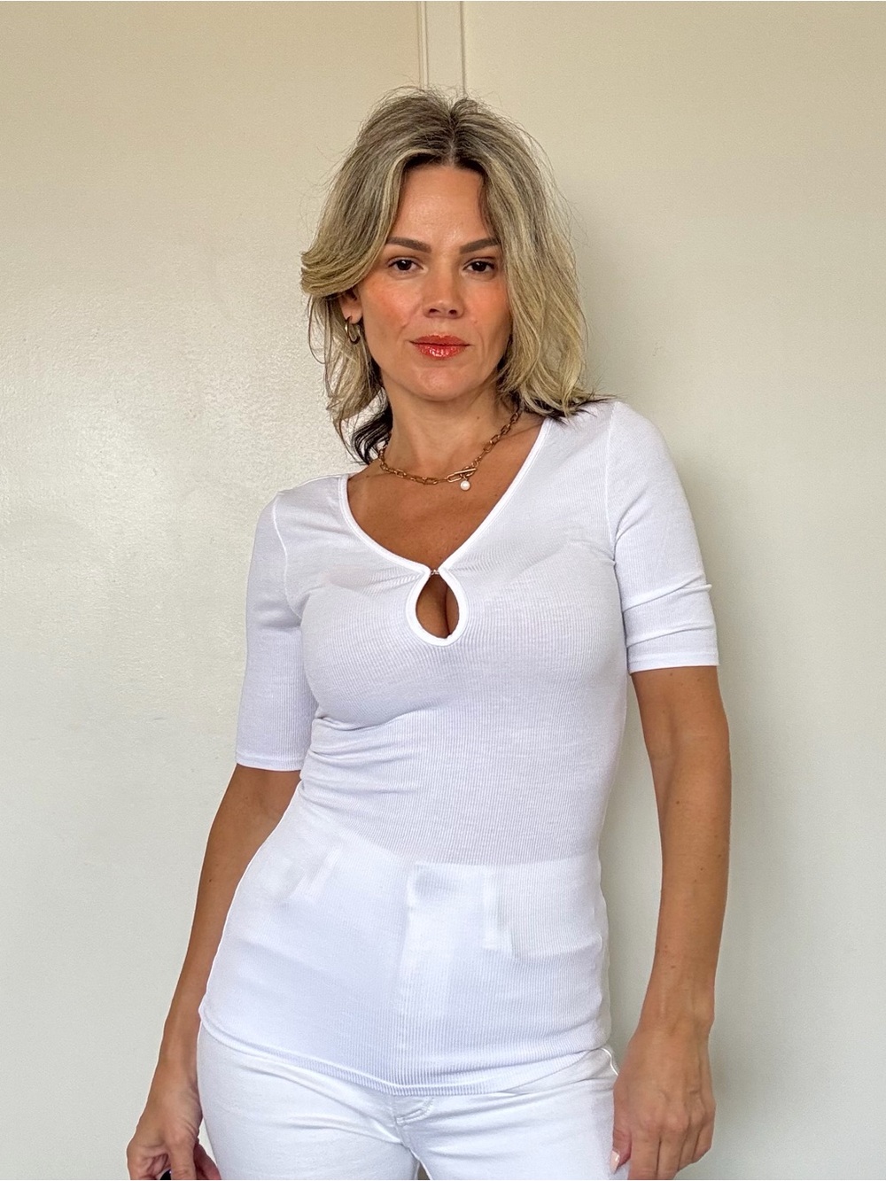 Enza Costa Half Sleeve Keyhole Top in White